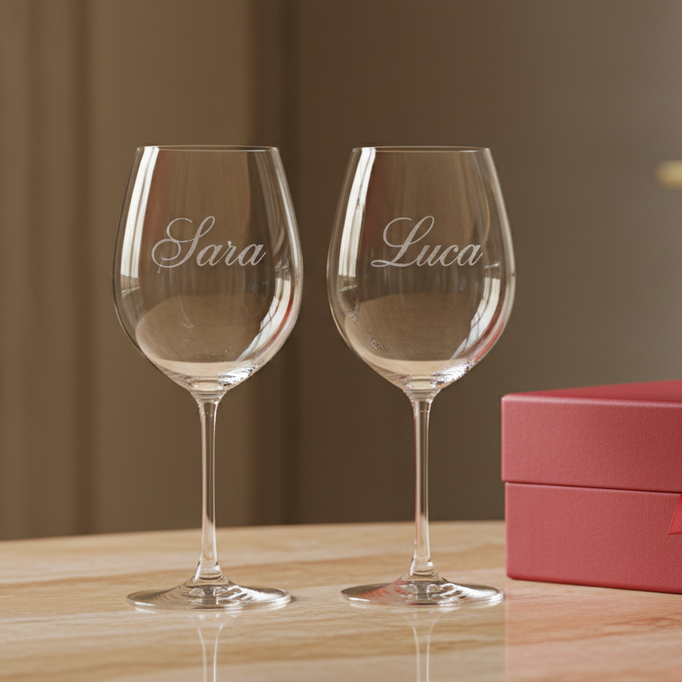 Due and engraved wine glasses with the names "Sara" and "Luca" displayed.